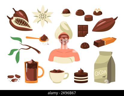 Cacao products. Cartoon cocoa beans powder for mil dark chocolate drink cake candy bar, sweet elements flat style. Vector isolated collection Stock Vector