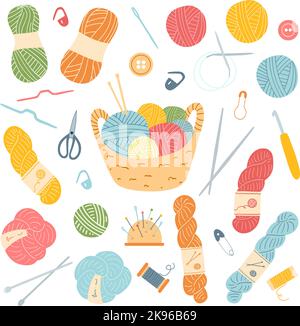 Hand drawn set of knitting accessories. Vector illustration of yarn, pins, buttons, thread, needles, crochet, spool pincushion scissors Stock Vector