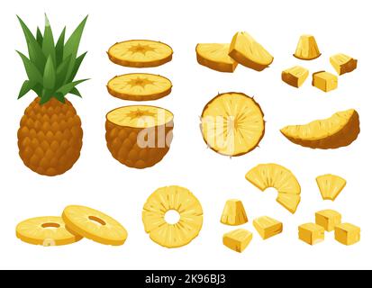 Pineapple set. Tropical fresh whole and peeled fruit pieces, cartoon natural sweet ripe ananas delicious raw snack. Colorful vector isolated Stock Vector