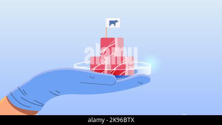 scientist hand holding cultured red raw meat made from animal cells artificial lab grown meat production concept Stock Vector