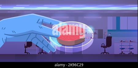 scientist hand holding cultured red raw fish meat made from animal cells artificial lab grown meat production concept Stock Vector