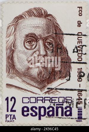 Photo of a Spanish postage stamp with a portrait of poet Francisco de Quevedo Famous People series 1981 Stock Photo