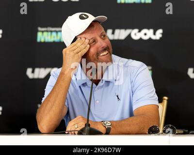 MIAMI, FL-OCT 26: Phil Mickelson is seen during LIV Golf Invitational press conference at Trump National Doral Miami on October 26, 2022 in Doral, Florida.  (Photo by Alberto E. Tamargo/Sipa USA) Stock Photo