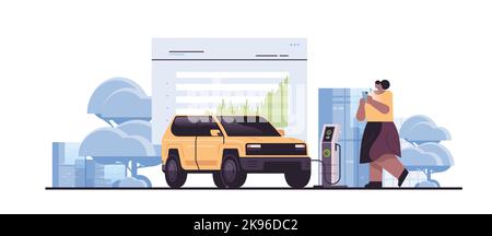 woman charging electric suv in mobile app battery vehicle at recharging power station charger EV management zero emission Stock Vector