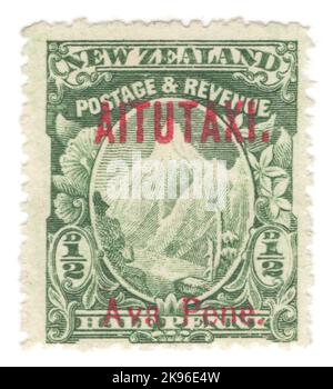 AITUTAKI - CIRCA 1903: An ½ pence green postage stamp depicting Mount Cook. Stamp of New Zealand overprinted 'AITUTAKI' and value in native language in Red Stock Photo