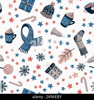 Winter hygge items seamless vector pattern. Christmas warm cosy home celebration cartoon drawings. Gifts and candles, stars, socks and candy canes Stock Vector