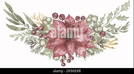 Watercolor Christmas florals bouquet wreath. Hand drawn winter bouquet with Poinsettia flower and fir branches, holly with berries isolated on white Stock Photo