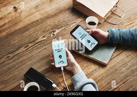 Money transfer. Online banking. People transferring money online using applications for send and receive money on smartphones. Friends making money tr Stock Photo