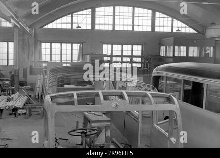 The bus hall. Manufacture of bodies. Aktiebolaget Svenska Railway workshops, ASJ. Stock Photo