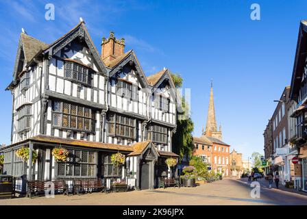 Hereford 17th Century The Old House Black and White House Museum St Peter's st and St Peter's Church spire High Town Hereford Herefordshire England UK Stock Photo