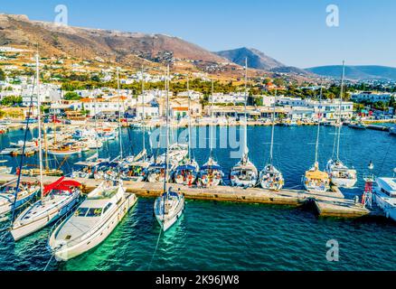 Beautiful view of boats and yachts moored in the marina of Paros Island, Greece Stock Photo