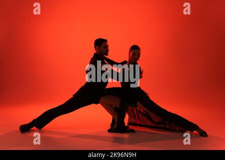 Silhouette of elegant couple dancing tango on red background Stock Photo
