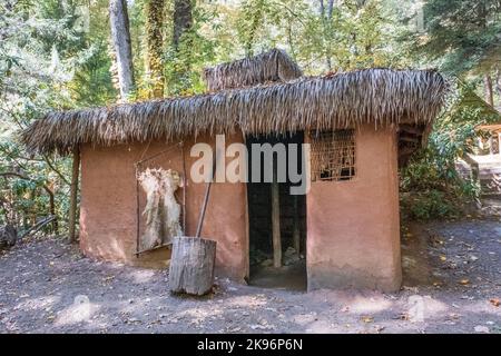 Wattle and daub plaster home in the Oconaluftee Indian Village in Cherokee, North Carolina, USA Stock Photo