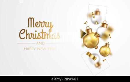 Festive New Year and Christmas background with flying shining balls isolated on white background. Christmas greeting card template Stock Vector