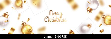 Festive New Year and Christmas background with flying shining balls isolated on white background. Christmas greeting card template Stock Vector