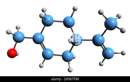 3D image of Perillyl alcohol skeletal formula - molecular chemical structure of monocyclic terpene isolated on white background Stock Photo
