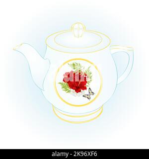 Teapot of porcelain red hibiscus and butterfly  vintage vector illustration editable hand draw Stock Vector