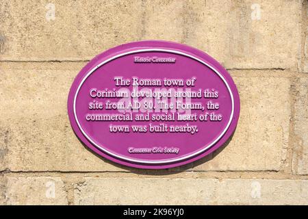Historic Roman Cirencester plaque on wall, Lewis Lane, Cirencester, Gloucestershire, England, United Kingdom Stock Photo