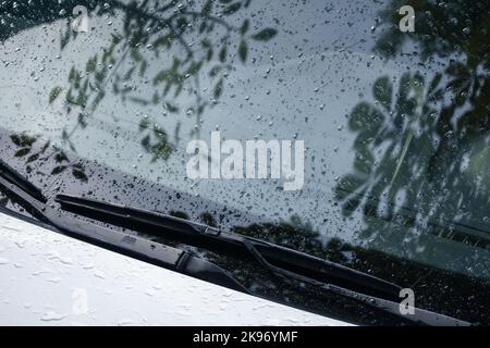 Car wipers and windshield with raindrops on it, closeup photo with selective focus Stock Photo