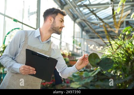 male florist taking notes on the clipboard. Stock Photo