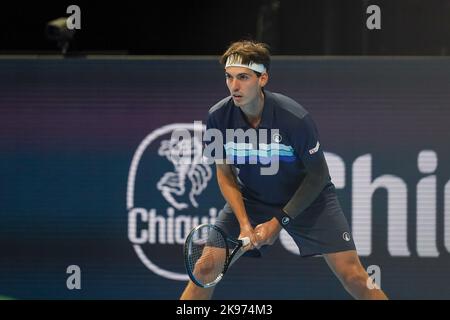 Basel, Switzerland. 26th Oct, 2022. Basel, Switzerland, October 26th 2022: Marc-Andrea Huesler (SUI) in action during the Swiss Indoors ATP 500 tennis tournament match between Felix Auger-Aliassime (CAN) and Marc-Andrea Huesler (SUI) at St. Jakobs-Park in Basel, Switzerland. (Daniela Porcelli /SPP) Credit: SPP Sport Press Photo. /Alamy Live News Stock Photo