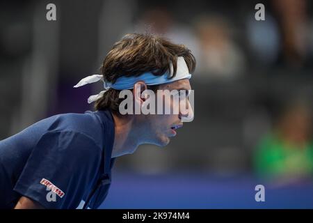 Basel, Switzerland. 26th Oct, 2022. Basel, Switzerland, October 26th 2022: Marc-Andrea Huesler (SUI) in action during the Swiss Indoors ATP 500 tennis tournament match between Felix Auger-Aliassime (CAN) and Marc-Andrea Huesler (SUI) at St. Jakobs-Park in Basel, Switzerland. (Daniela Porcelli /SPP) Credit: SPP Sport Press Photo. /Alamy Live News Stock Photo