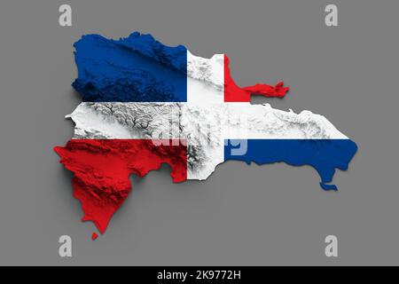 Dominican Republic Map Flag Shaded relief Color Height map on white Background 3d illustration Stock Photo