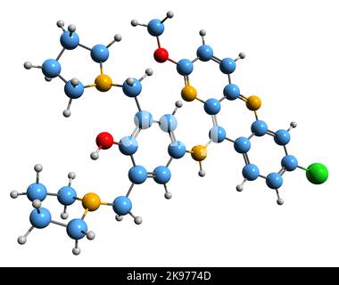 3D image of Pyronaridine skeletal formula - molecular chemical structure of  antimalarial drug isolated on white background Stock Photo