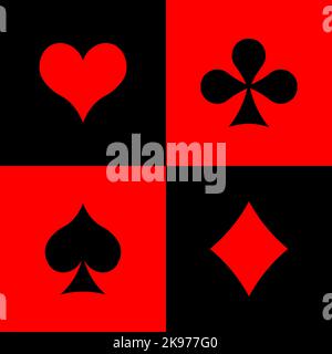 Suits of playing cards. Flat vector illustration on red and black background. Stock Vector