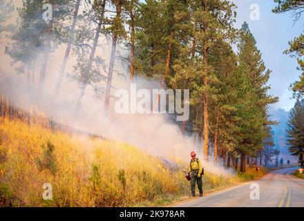 Prescribed burn at Devil's Tower, Wyoming, USA Stock Photo