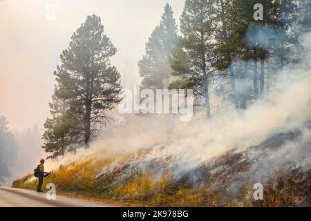 Prescribed burn at Devil's Tower, Wyoming, USA Stock Photo