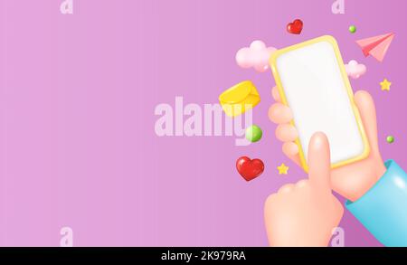 3D Hands Holding Gold Smartphone Banner. Cartoon Device Mockup. Man Holding Telephone with White Screen. Touching Screen with Finger. Realistic Vector Stock Vector