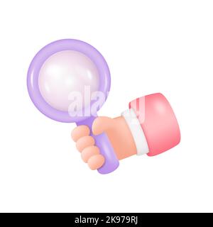 Cartoon Hand Holding Big Magnifying Glass Lens Isolated on White Background. Search Concept. Human Arm Hold Magnifier. Vector 3d Illustration Stock Vector