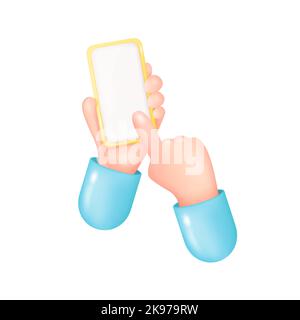 3D Hands Holding Gold Smartphone Isolated on White Background. Cartoon Device Mockup. Man Holding Telephone with White Screen. Touching Screen with Fi Stock Vector
