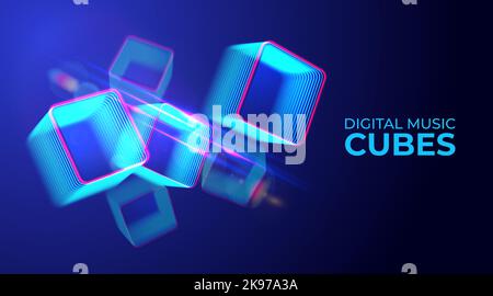 Digital cyber cube. Neon glowing cubes in motion with. Musical, gaming, technology, background with glowing 3d objects. Stock Vector
