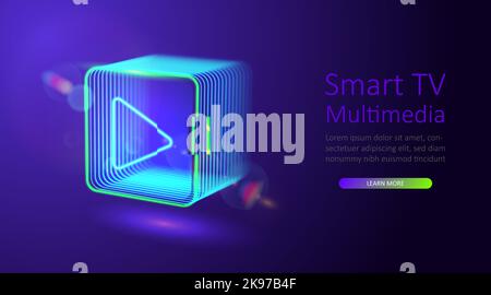 Neon glowing digital cube with play icon. 3d cyber start button. Gaming, cinema, music, tv background with glowing play button. Press to play. Vector Stock Vector