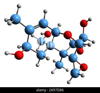 3D image of T2 tetraol skeletal formula - molecular chemical structure of mycotoxin T-2 Tetraol toxin isolated on white background Stock Photo