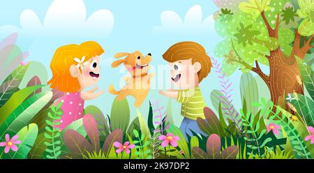 Kids Play Jump with Dog Pet in Park or Forest Stock Vector