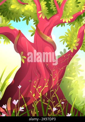 Big Trunk Tree in Summer Nature Scenery Background Stock Vector