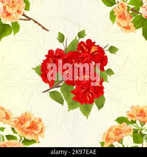 Seamless texture branch hibiscus Yellow and red tropical flowers  on a leaves background vintage  vector botanical illustration hand draw Stock Vector