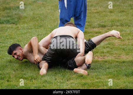 ISTANBUL, TURKIYE - JUNE 11, 2022: Oil wrestlers compete during Etnospor Culture Festival. Oil wrestling also called grease wrestling is the Turkish t Stock Photo