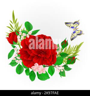 Floral  frame  with  red  Rose  and butterfly vintage  festive  background vector illustration editable hand draw Stock Vector