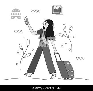 Young woman travels alone in a new place. Black and white version. Stock Photo