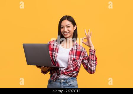 Excited chinese lady working on laptop and gesturing okay, approving website, standing over yellow background Stock Photo