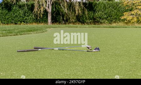 pair of putting clubs on a putting green Stock Photo