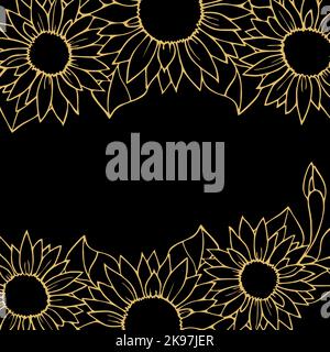 floral graphic border, gold pattern on black background, greeting card, design Stock Photo