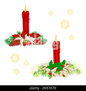 Christmas candlelights with pine cones and poinsettia vintage vector illustration editable hand draw Stock Vector