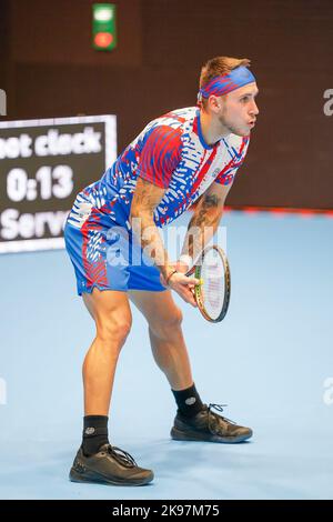 Basel, Switzerland. 26th Oct, 2022. Basel, Switzerland, October 26th 2022: Alex Molcan (SVK) in action during the Swiss Indoors ATP 500 tennis tournament match between Alex Molcan (SVK) and Arthur Rinderknech (FRA) at St. Jakobs-Park in Basel, Switzerland. (Daniela Porcelli /SPP) Credit: SPP Sport Press Photo. /Alamy Live News Stock Photo