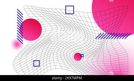 Modern Abstract Background Illustration. Distorted Web with Geometric Shapes of Circles and Squares on White Background. Pink and Blue Color Spectrum. Backdrop for your Social Media, Graphic Design, Branding, Banner, Poster. Vector illustration Stock Vector