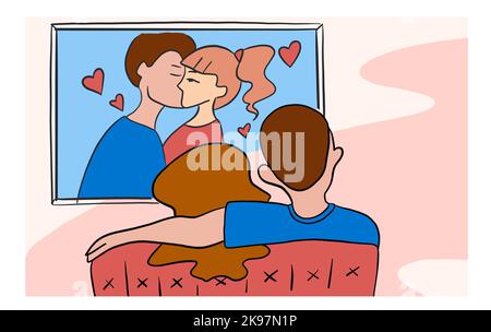 Happy couple man and woman watching a movie together vector flat illustration Stock Vector
